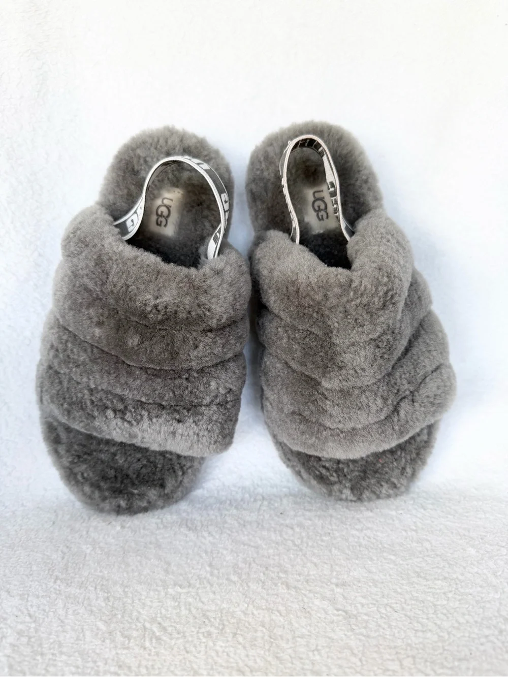 UGG Girl’s Big kids Fluff Yeah Slide - Gray Plush Slingback size 1 like New